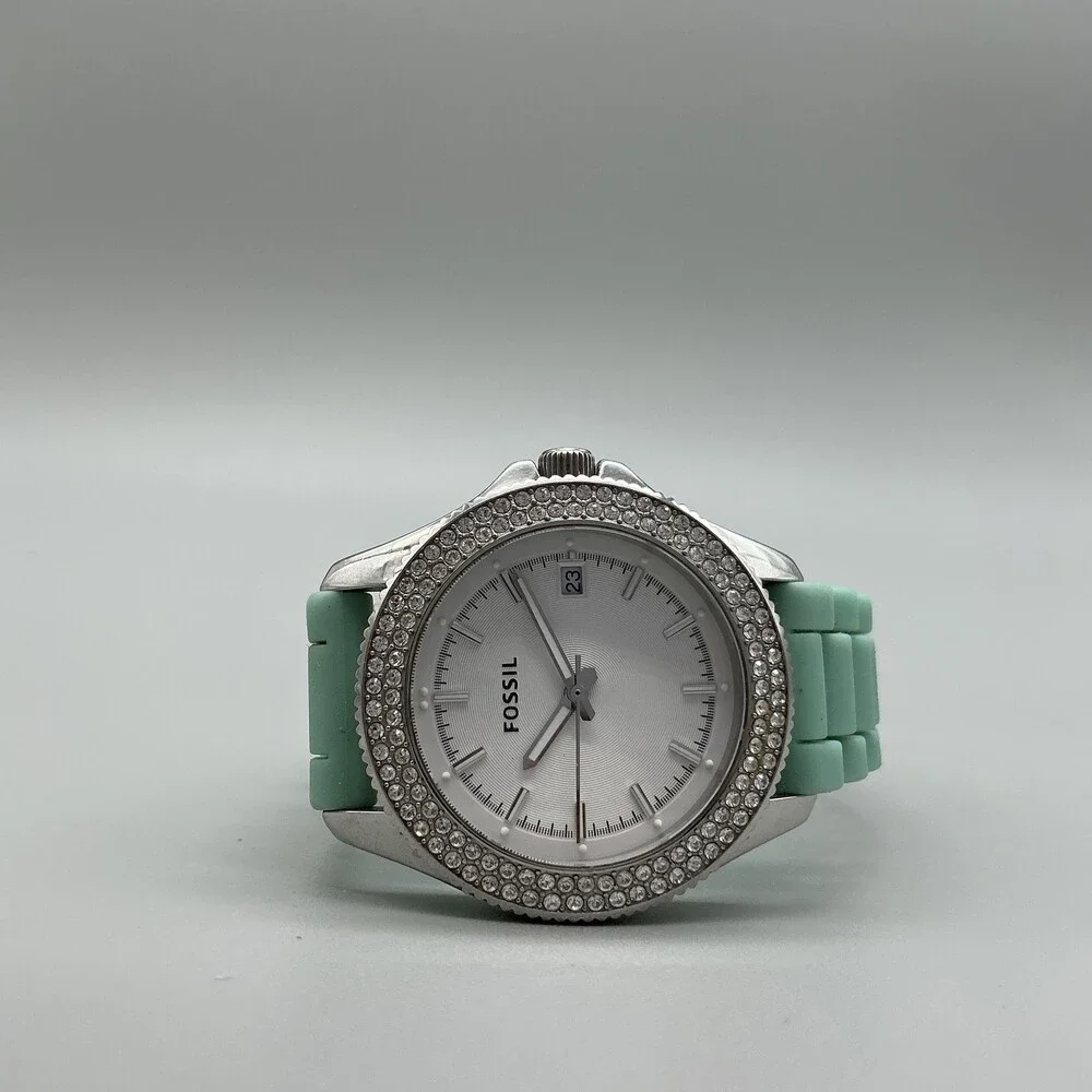 Fossil AM4464 Womens Watch 37mm White Dial Green Silicone Crystals Date New Batt
